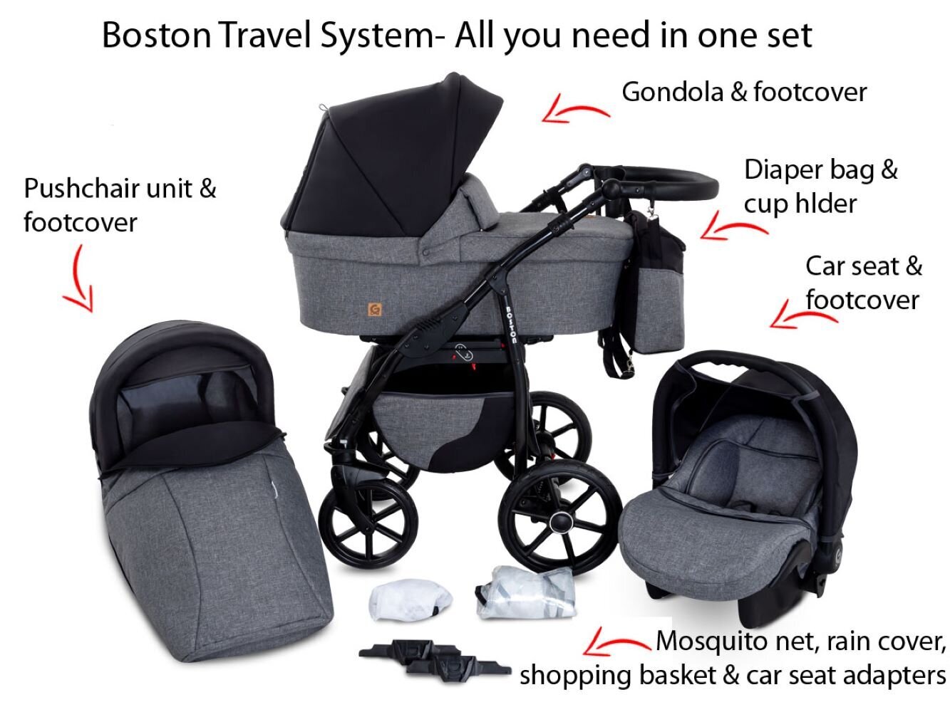 Universālie rati Boston Travel System 3in1, melni cena un informācija | Bērnu rati | 220.lv