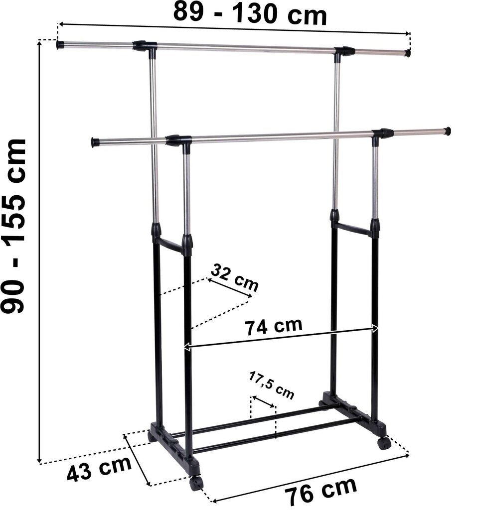 Mobilais dubultais statīvs uz riteņiem, melns cena un informācija | Drēbju pakaramie | 220.lv