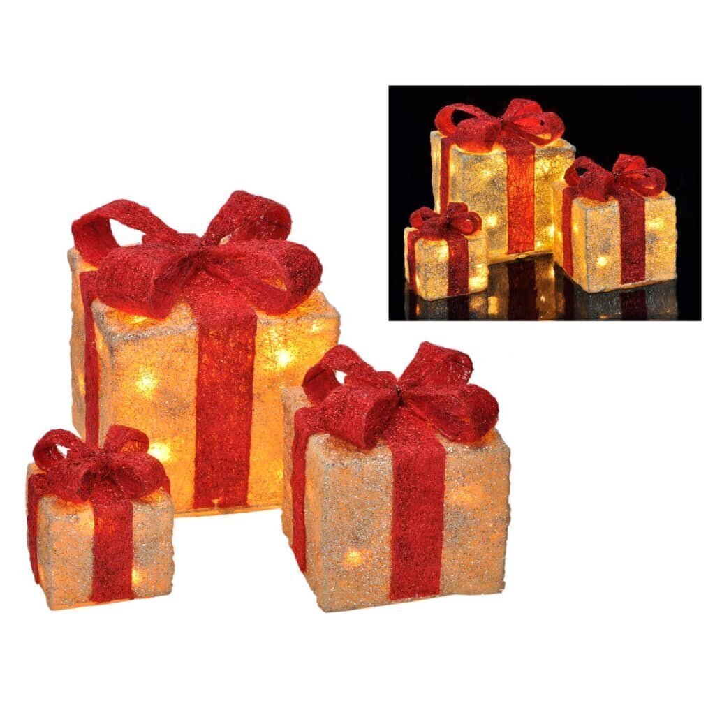 Prece ar bojātu iepakojumu. HI LED Ziemassvētku dāvanu kastes ar sarkanām lentēm, 3 gab. cena un informācija | Dāvanas, svētku atribūti ar bojātu iepakojumu | 220.lv
