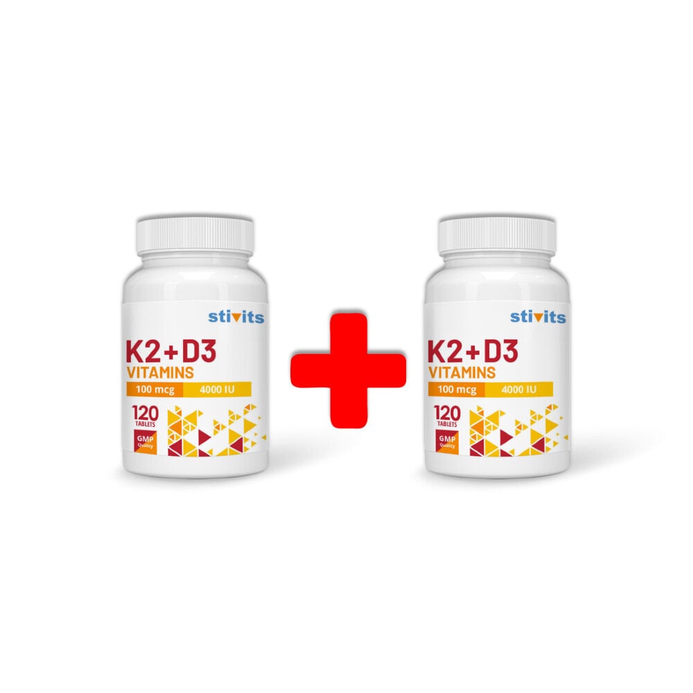 Uztura bagātinātājs Stivits 1+1 K2 vitamīns 100 mcg + D3 vitamīns 4000 IU vegānu, 240tabletes cena un informācija | Vitamīni, preparāti, uztura bagātinātāji imunitātei | 220.lv