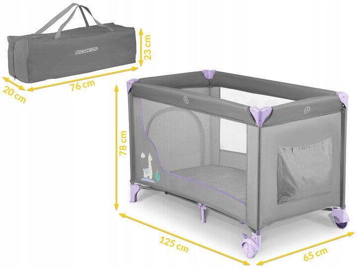 Ceļojumu gultiņa 125 x 65 x 78 cm, pelēka un lavandas krāsā cena un informācija | Zīdaiņu gultas | 220.lv