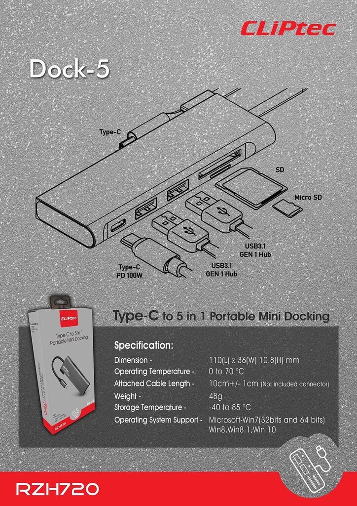 Cliptec Dock-5 RZH720 cena un informācija | Adapteri un USB centrmezgli | 220.lv