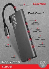 Адаптер-концентратор Cliptec — тип C на 3xUSB 3.1 + тип C + HDMI — DockView-5 RZH721 серый цена и информация | Адаптеры и USB разветвители | 220.lv