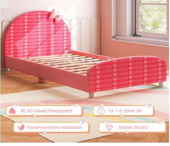 Bērnu vienvietīga gulta ar mīkstu galvgali, rozā krāsā, Costway 152 x 77 x 70 cm cena un informācija | Bērnu gultas | 220.lv