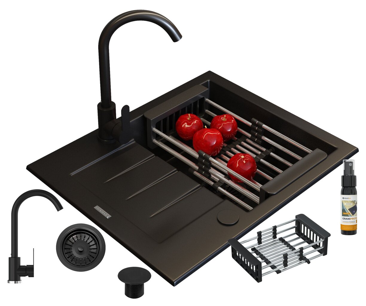 Granīta izlietne virtuves maisītājs izlietne sifons komplekts melns Milano cena un informācija | Virtuves izlietnes | 220.lv
