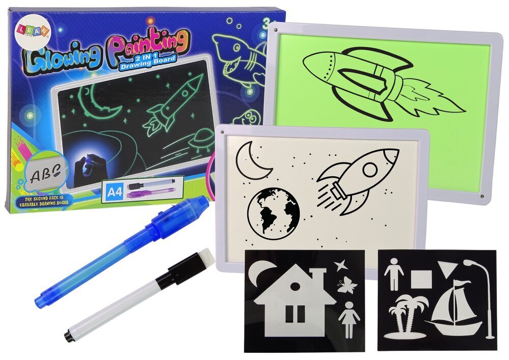 Divpusējs burvju zīmēšanas tāfeles komplekts 2in1 Lean Toys Glowing Painting Drawing Board, ar LED apgaismojumu, A4 цена и информация | Attīstošās rotaļlietas | 220.lv