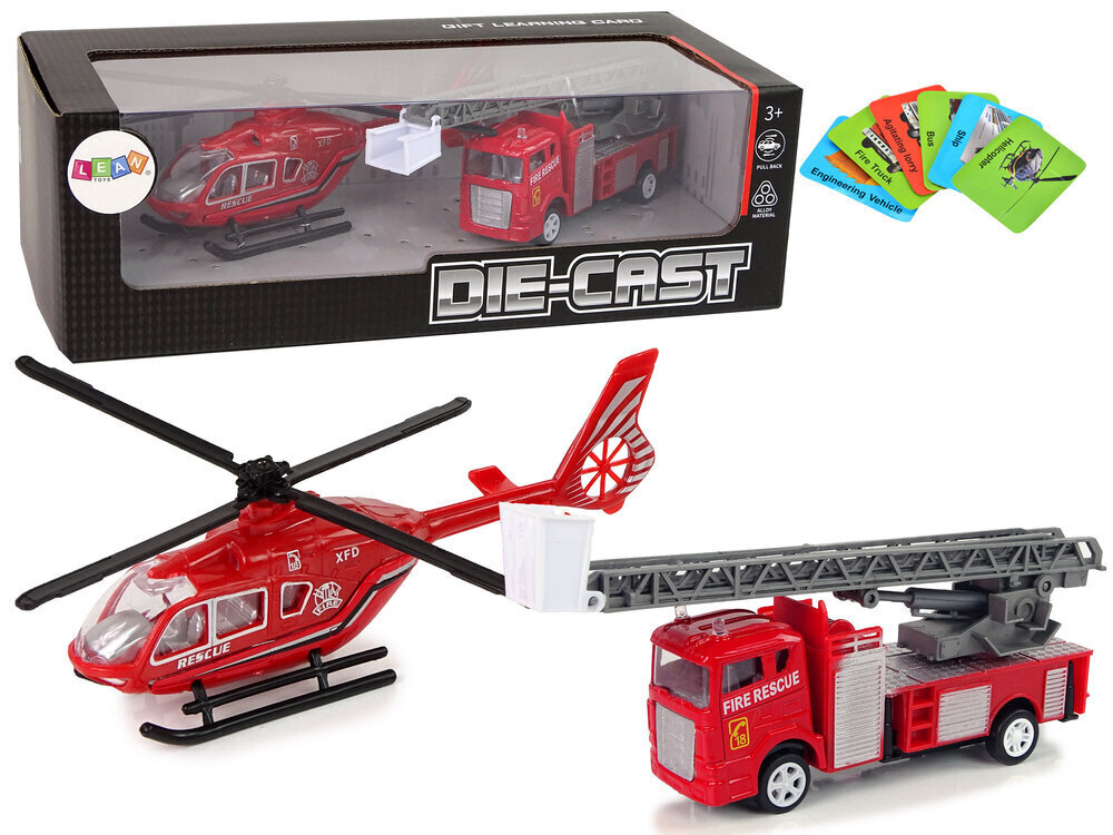 Rotaļlietu automašīnu komplekts Ugunsdzēsības dienesta mašīna + helikopters + kartiņas Lean Toys, 2 transportlīdzekļi + 6 kartiņas cena un informācija | Rotaļlietas zēniem | 220.lv