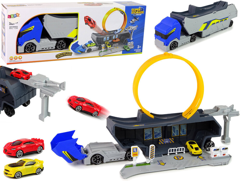 Rotaļu kravas auto ar sacīkšu trases cilpu un mašīnām 2in1 Lean Toys Storage Series cena un informācija | Rotaļlietas zēniem | 220.lv