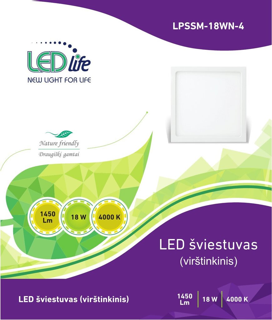 LEDlife lampa 18W (kvadrāts.) цена и информация | Sienas lampas | 220.lv