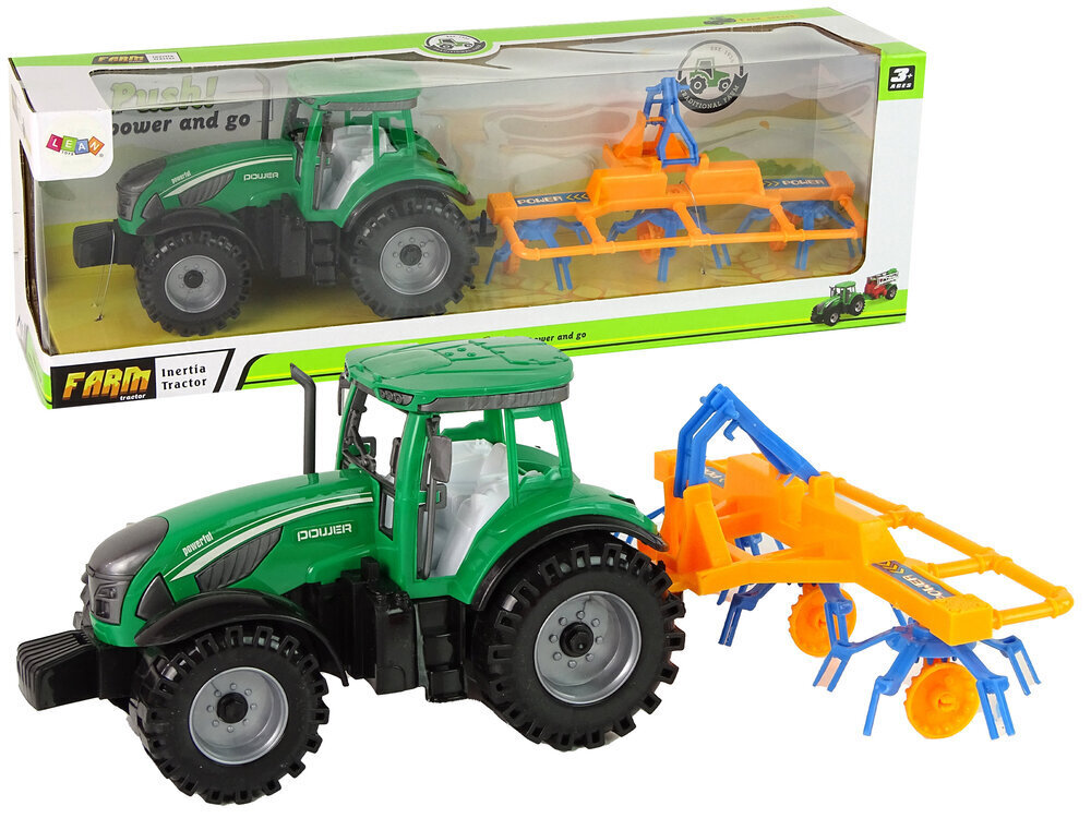 Rotaļu lauksaimniecības traktors ar grābekļa piekabi Lean Toys Farm Tractor, zaļš, dzeltens cena un informācija | Rotaļlietas zēniem | 220.lv