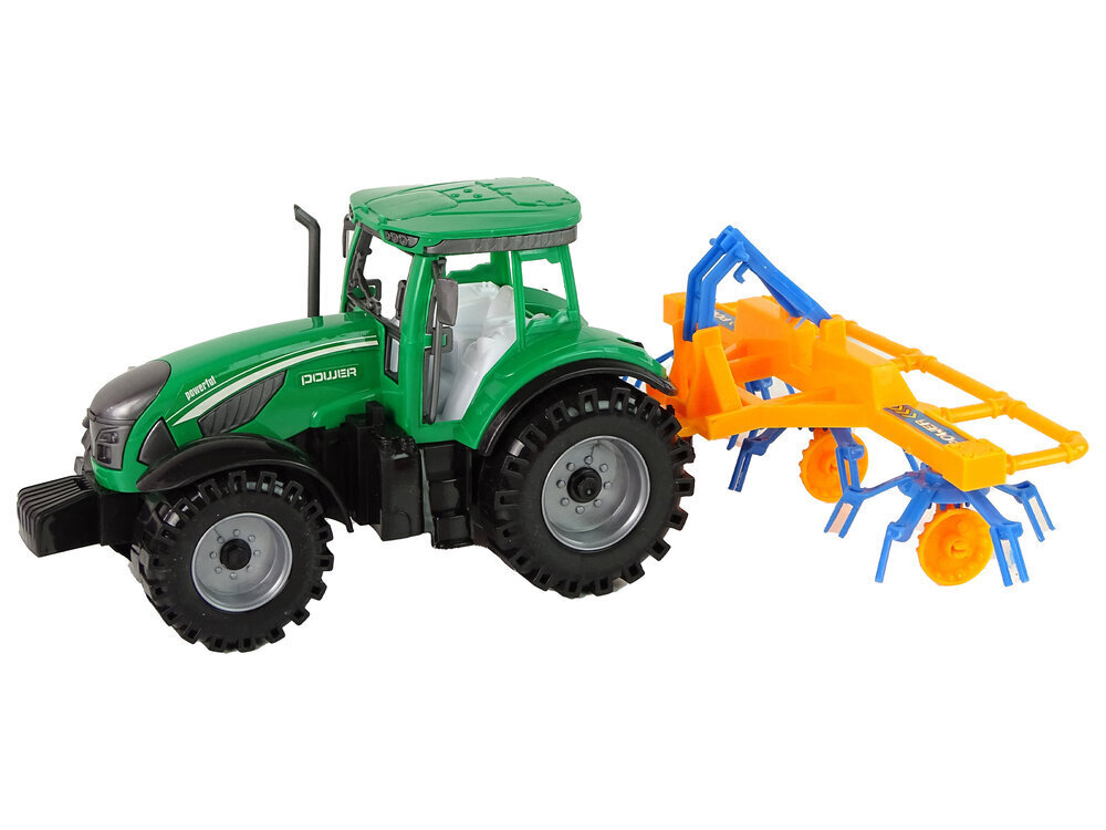 Rotaļu lauksaimniecības traktors ar grābekļa piekabi Lean Toys Farm Tractor, zaļš, dzeltens cena un informācija | Rotaļlietas zēniem | 220.lv