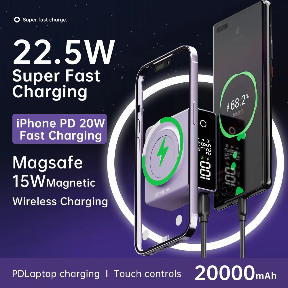 Mini bezvadu magnētiskā jaudas banka ar LCD ekrānu 20000 mAh Q7 цена и информация | Lādētāji-akumulatori (Power bank) | 220.lv