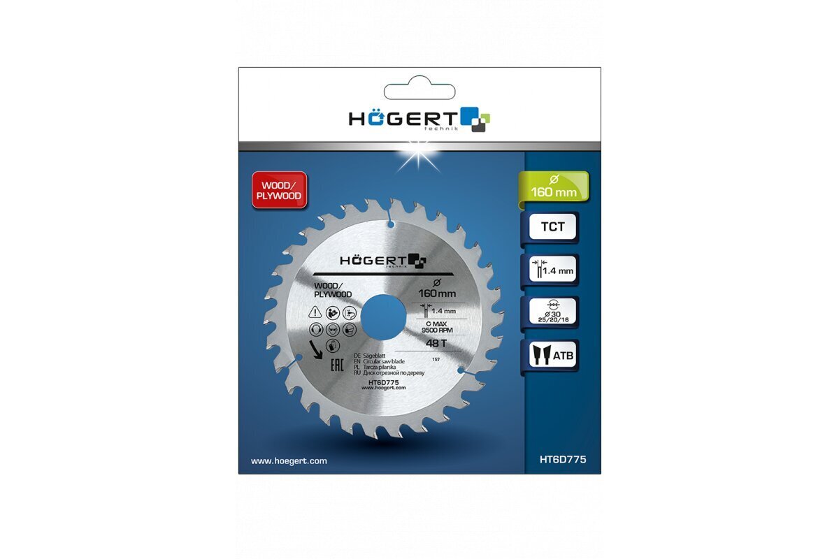 Koka griešanas disks 160 x 48T x 30, HT6D775, Hogert cena un informācija | Rokas instrumenti | 220.lv