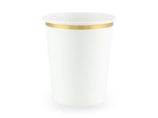 Papīra glāzes, baltas, ar zelta malu, 180 ml / 6 gab. cena un informācija | Vienreizējie trauki | 220.lv
