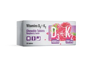 Vitamīni D3 (4000 IU)+K2 (200 mcg) košļ. tab. N30 цена и информация | Витамины, пищевые добавки, препараты для хорошего самочувствия | 220.lv