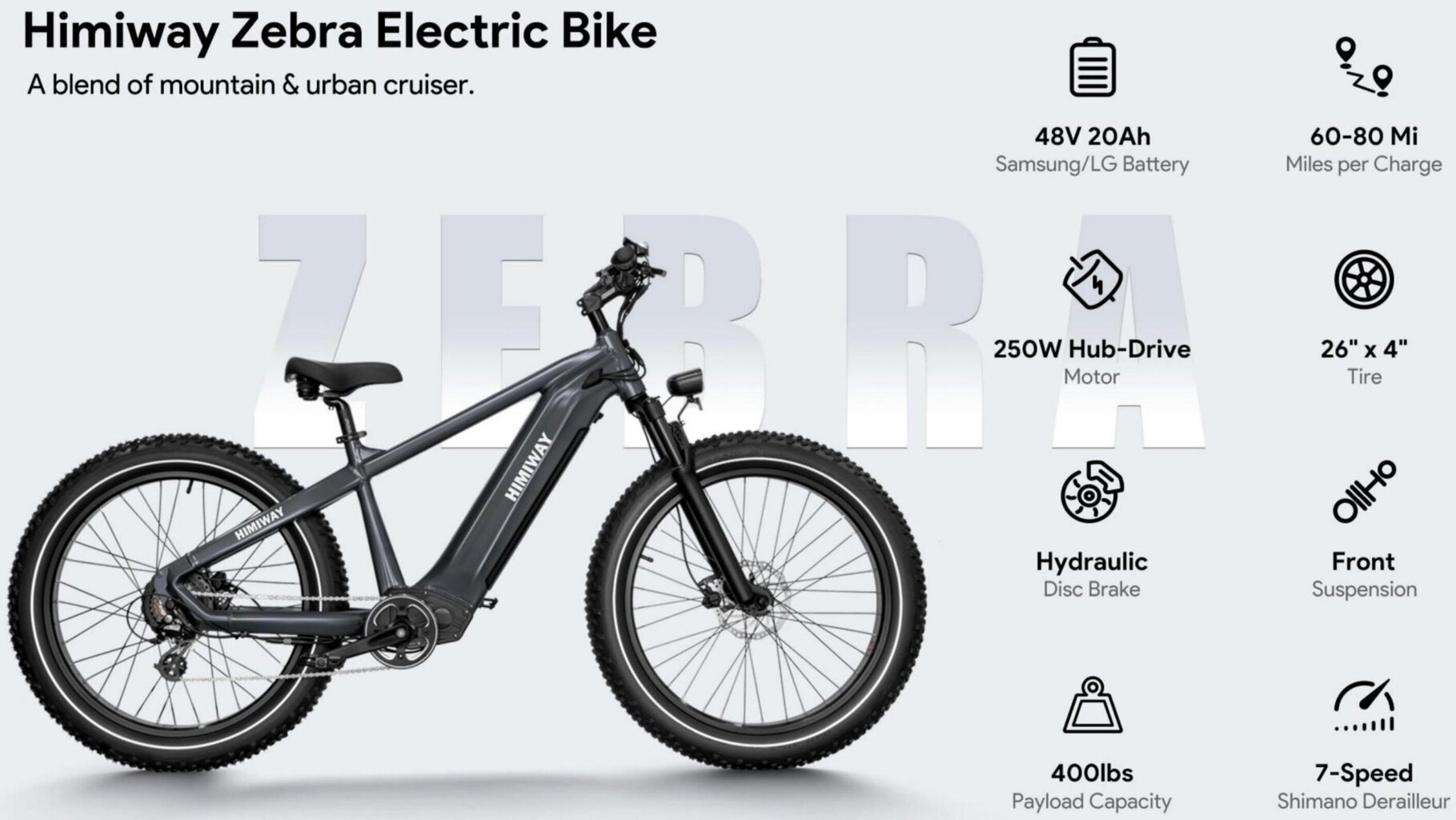 Elektriskais velosipēds Himiway Zebra, 26", pelēks cena un informācija | Elektrovelosipēdi | 220.lv