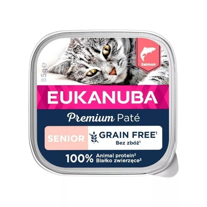 Eukanuba Grain Free Senior vecākiem kaķiem, ar lasi, 16x85 g cena un informācija | Konservi kaķiem | 220.lv