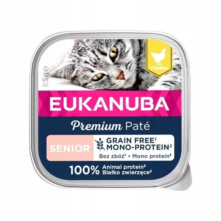 Eukanuba Grain Free Senior vecākiem kaķiem, ar vistu, 16x85 g cena un informācija | Konservi kaķiem | 220.lv