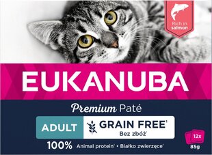 Eukanuba Grain Free Adult pieaugušiem kaķiem, ar lasi, 12x85 g cena un informācija | Konservi kaķiem | 220.lv