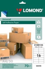 Līmpapīrs uzlīmēm Lomond Self-Adhesive Universal Labels, 16/105x37, A4, 50 loksnes, baltas cena un informācija | Burtnīcas un papīra preces | 220.lv