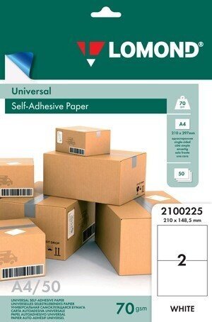 Līmpapīrs uzlīmēm Lomond Self-Adhesive Universal Labels, 2/210x148,5, A4, 50 loksnes, balts цена и информация | Burtnīcas un papīra preces | 220.lv