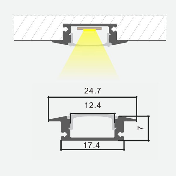 Iebūvējams anodēts alumīnija profils ar puscaurspīdīgu stiklu LED lentei ģipškartona plāksnēm, flīzēm, mēbelēm utt., 3m x 24,7mm x 7mm cena un informācija | LED lentes | 220.lv