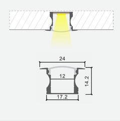 Встраиваемый глубокий анодированный алюминиевый профиль с матовым стеклом для LED ленты под регипс, плитку, мебель и т.д. цена и информация | Светодиодные ленты | 220.lv