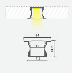 Iebūvējams profils LED lentei 1m x 24mm x 14.2mm cena un informācija | LED lentes | 220.lv