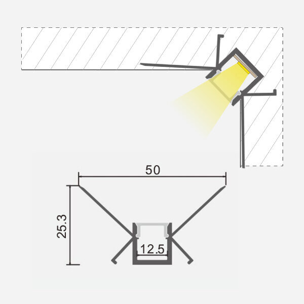 Iebūvējams profils LED lentei, 3m x 50mm x 25.3mm cena un informācija | LED lentes | 220.lv