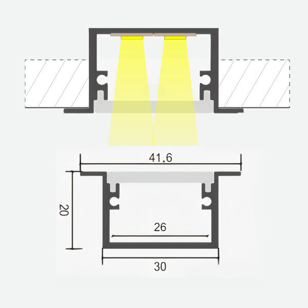 Iebūvējams profils LED lentei 3m x 41,6mm x 20mm cena un informācija | LED lentes | 220.lv