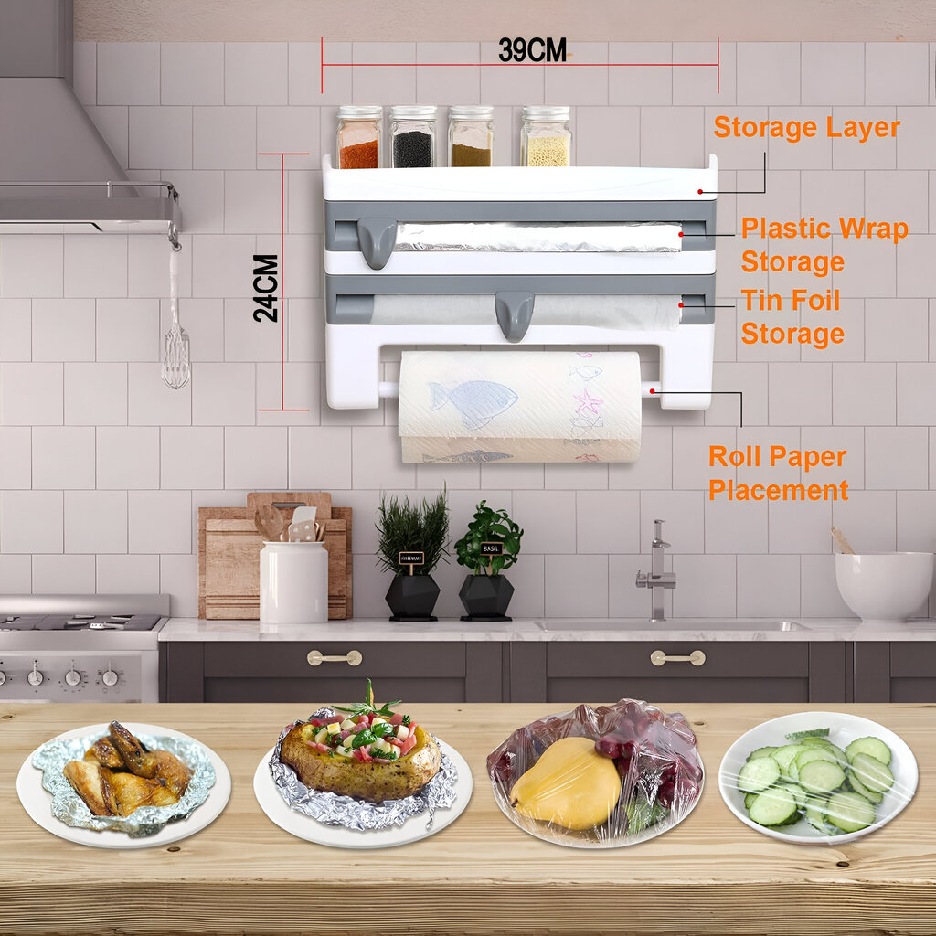 4in1 daudzfunkcionāls plaukts virtuvei LIVMAN LEZ-94 - garšvielu turētājs, folijas un pārtikas plēves turētājs un griezējs un papīra dvieļu turētājs cena un informācija | Virtuves piederumi | 220.lv