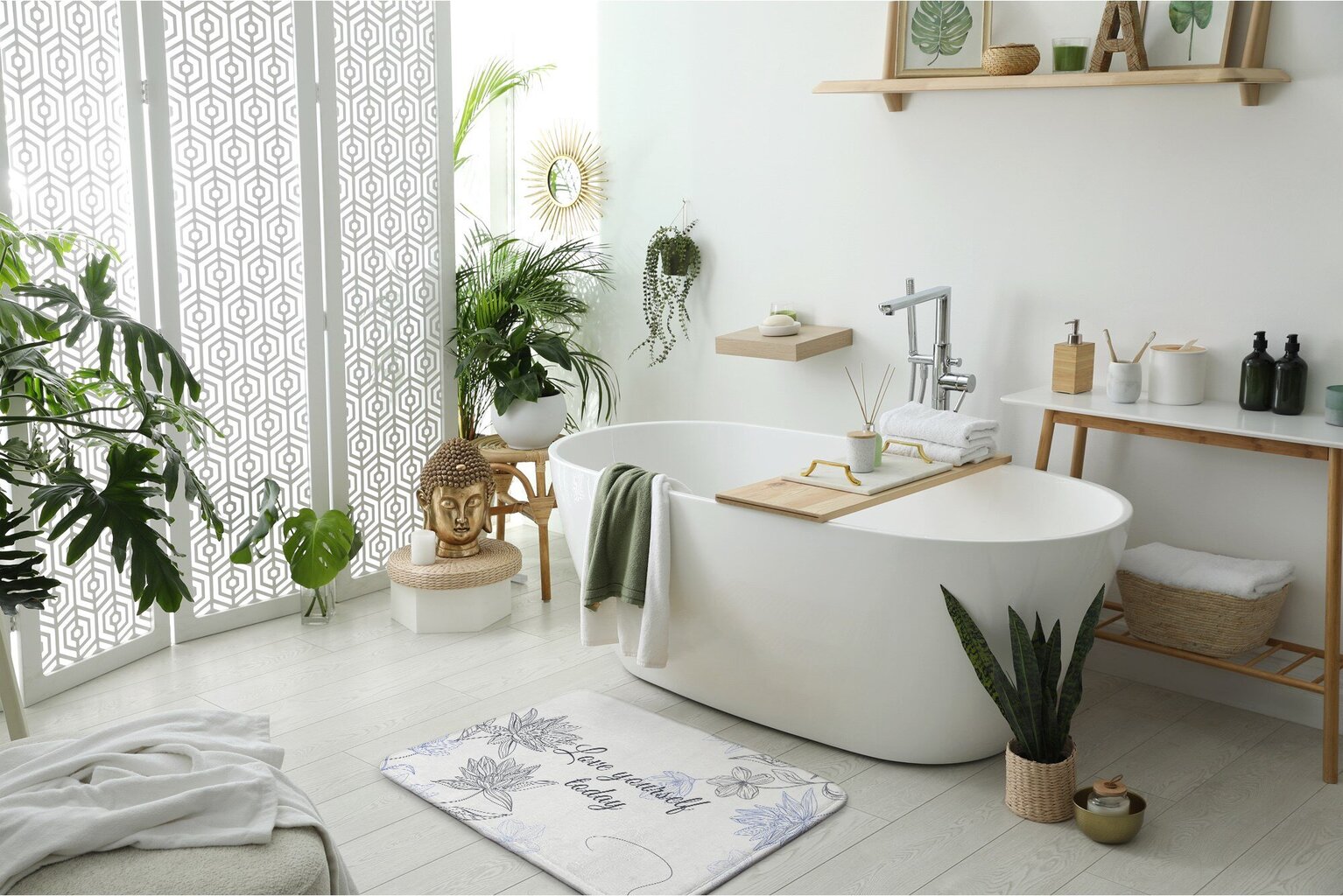 Vannas istabas paklājs Minimālisma Ziedi, 90x60 cm cena un informācija | Vannas istabas aksesuāri | 220.lv