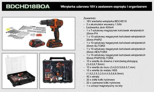 Trieciena skrūvgriezis 18v 2x1.5ah li-ion + piederumi + organizātors black+decker цена и информация | Шуруповерты, дрели | 220.lv