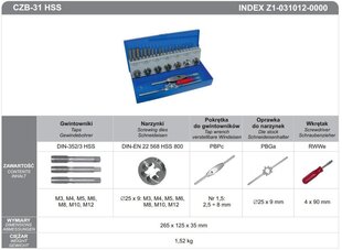 НАБОР ВЕНТИЛЯТОРНЫХ ОТВОДОВ + ПРИВОДЫ 31 шт. M3-M12 ЦЗБ-31 INOX цена и информация | Механические инструменты | 220.lv