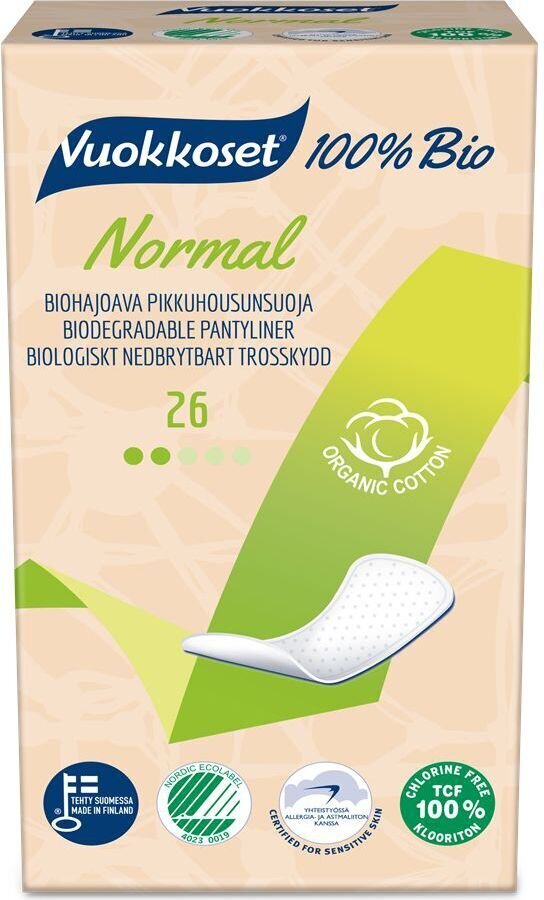 Higiēnas ieliktņi Vuokkoset Normal 100% Bio, 26 gab. цена и информация | Tamponi, higiēniskās paketes, ieliktnīši | 220.lv