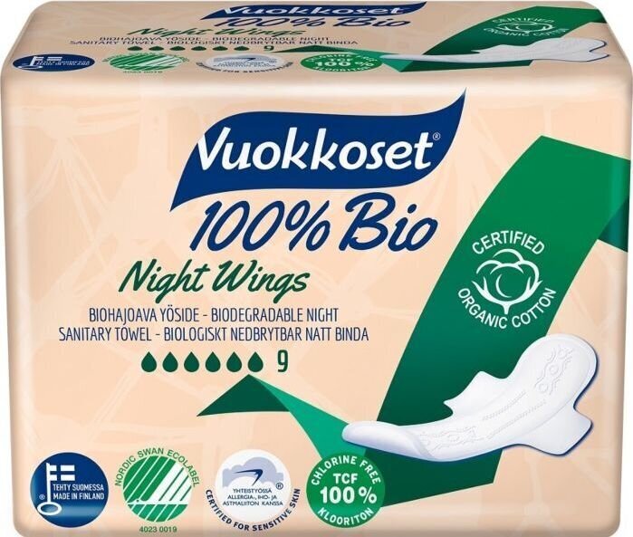 Higiēnas paketes Vuokkoset Night Wings 100% BIO, 9 gab. цена и информация | Tamponi, higiēniskās paketes, ieliktnīši | 220.lv