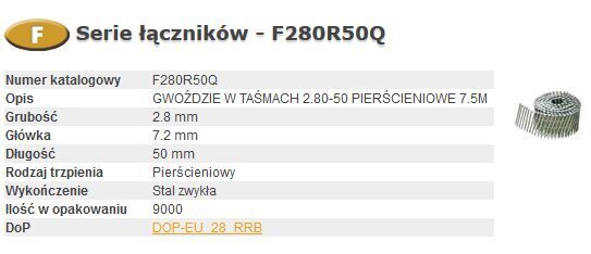 Naglas Bostitch F 2.80 x 50mm Gredzens 9000gab. F280R50Q цена и информация | Stiprinājumi | 220.lv