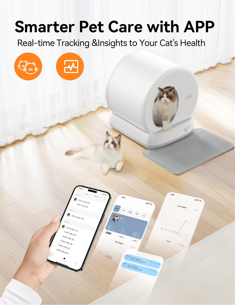 Automātiskā kaķu pakaišu kaste + APP vadība cena un informācija | Kaķu tualetes | 220.lv