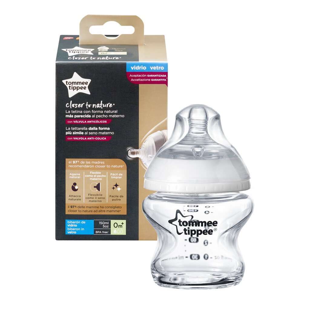 TOMMEE TIPPEE barošanas pudelīte stikla CTN 150ml 0m+ цена и информация | Bērnu pudelītes un to aksesuāri | 220.lv