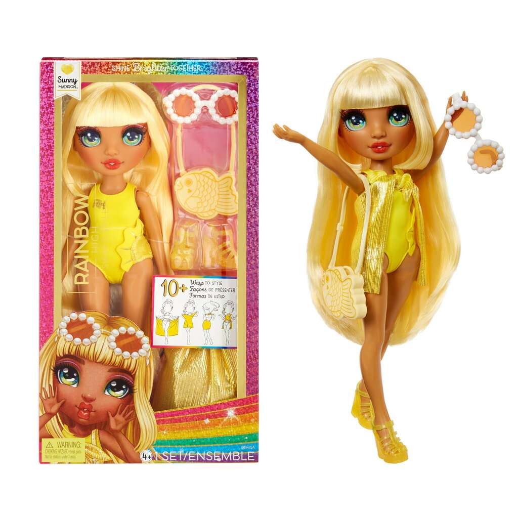 Lelle ar aksesuāriem Rainbow High Swim & Style Sunny Madison, dzeltena cena un informācija | Rotaļlietas meitenēm | 220.lv