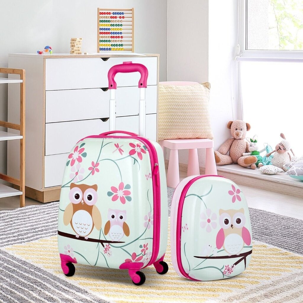 Divdaļīgs bērnu bagāžas komplekts Costway Owl, rozā цена и информация | Koferi, ceļojumu somas | 220.lv