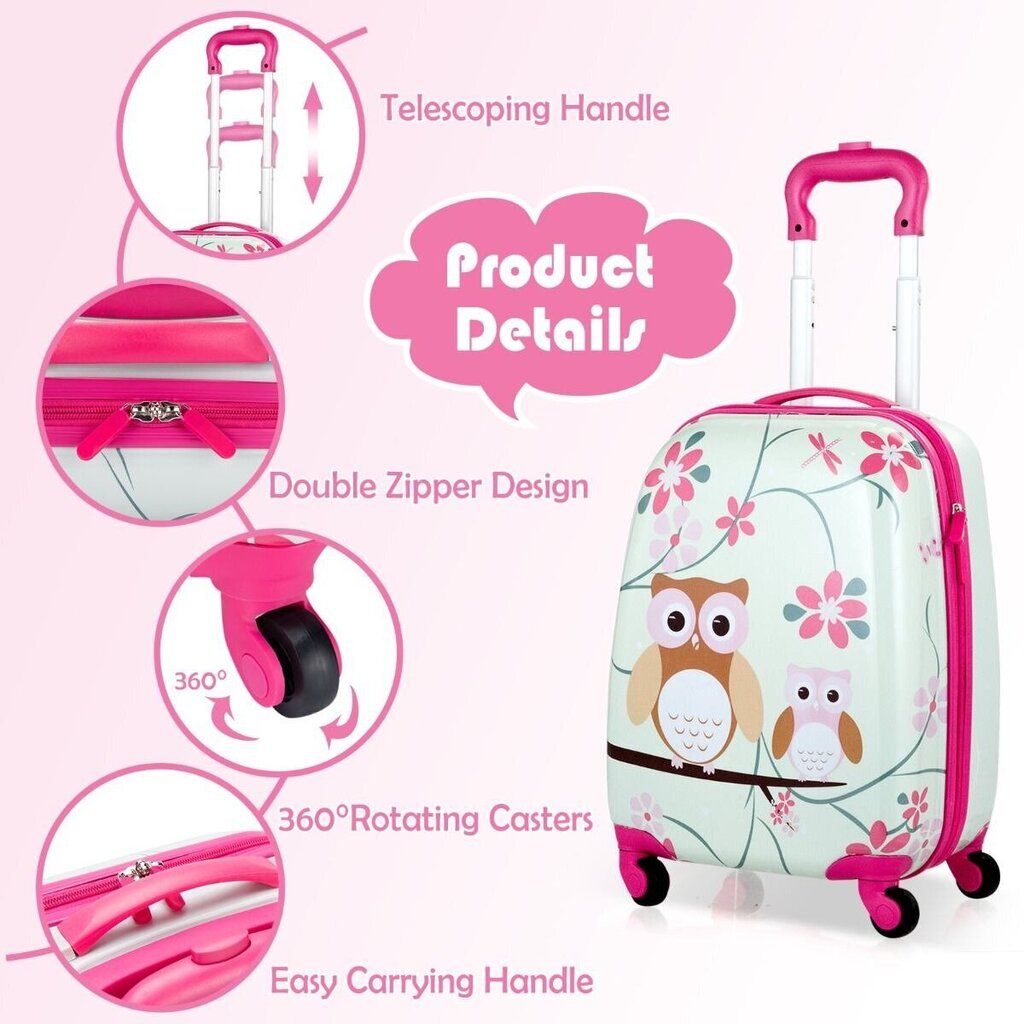 Divdaļīgs bērnu bagāžas komplekts Costway Owl, rozā cena un informācija | Koferi, ceļojumu somas | 220.lv