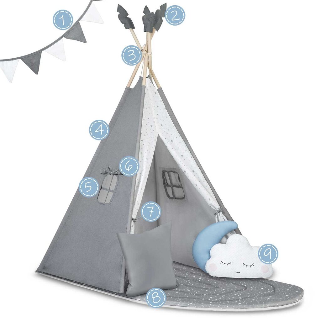 Teepee telts bērniem NK-406 Nukido - pelēka цена и информация | Bērnu rotaļu laukumi, mājiņas | 220.lv