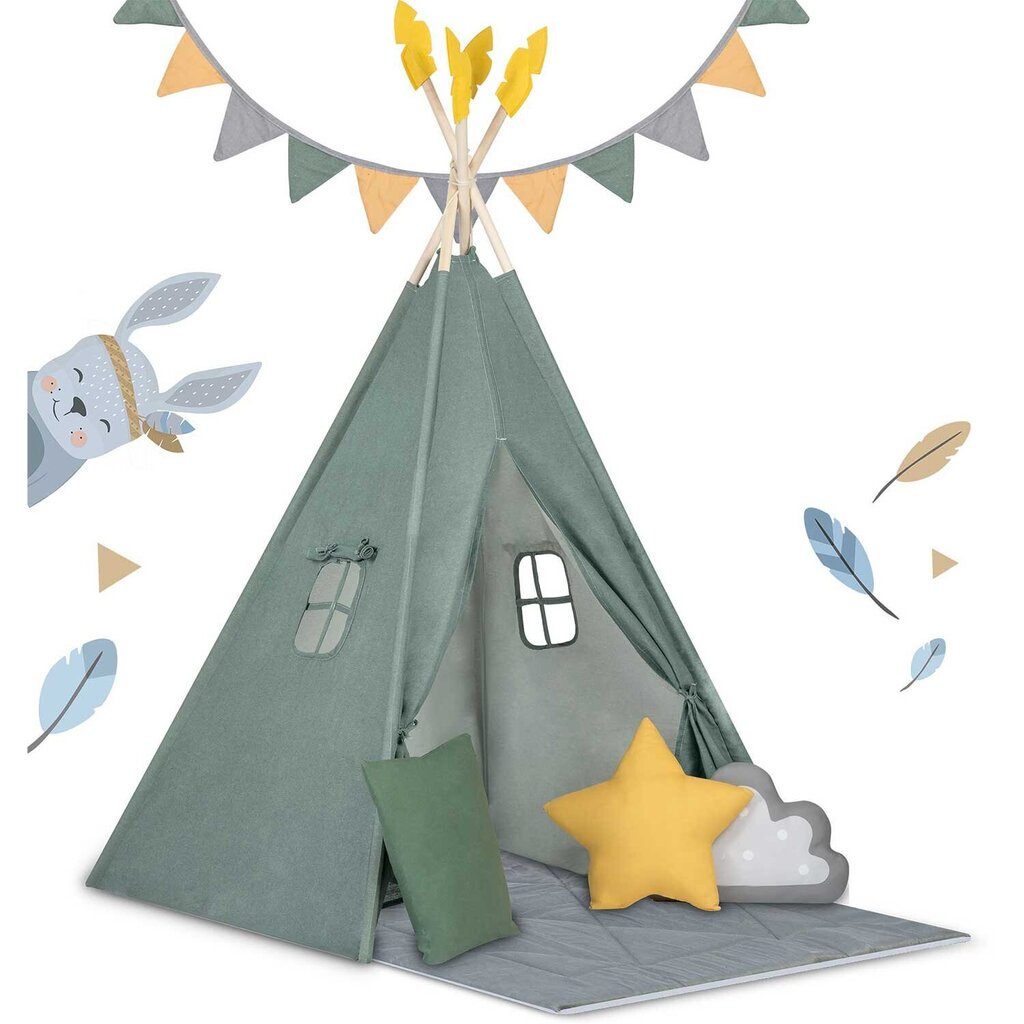 Teepee telts bērniem NK-406 Nukido - zaļa цена и информация | Bērnu rotaļu laukumi, mājiņas | 220.lv