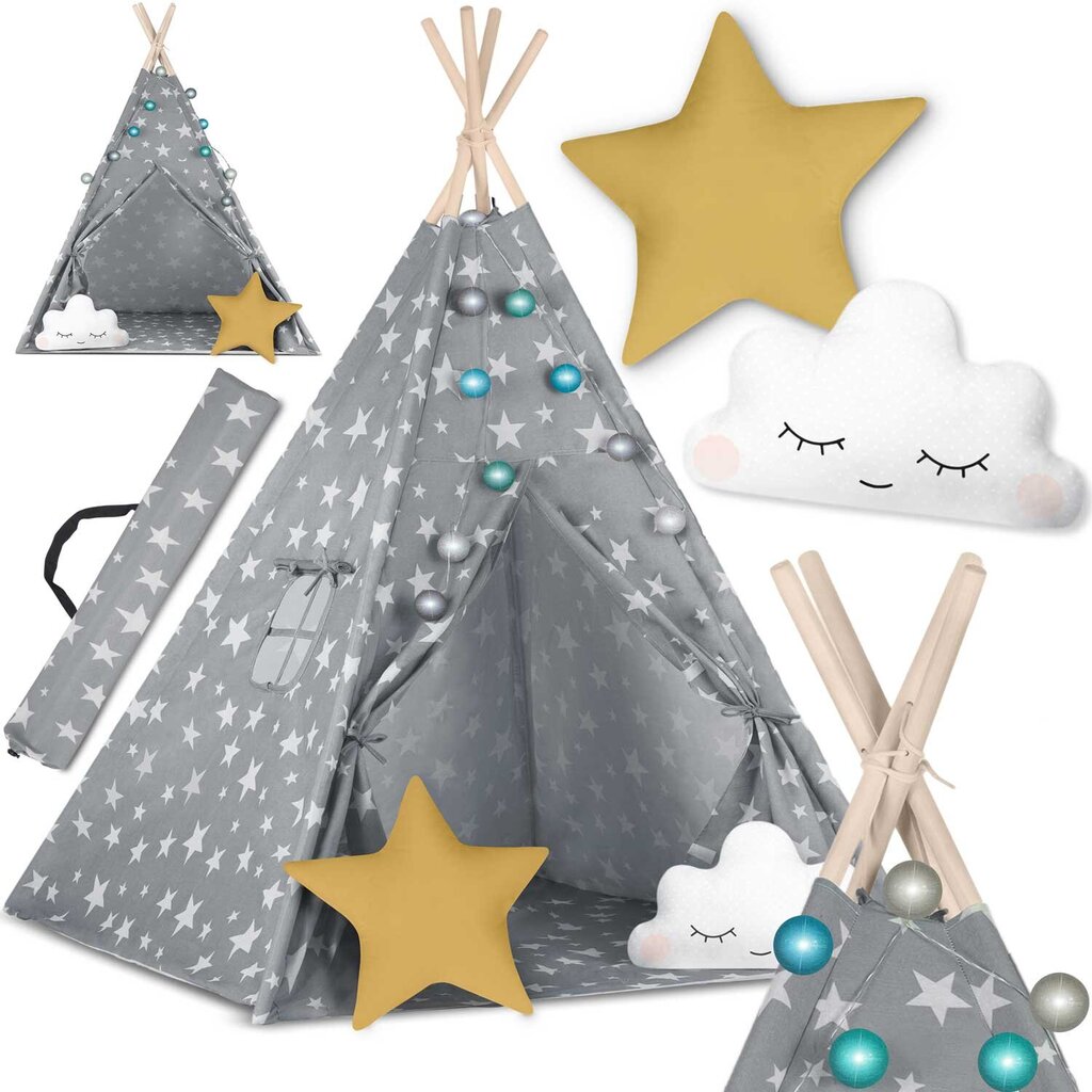 Teepee telts bērniem ar Nukido gaismām - pelēka ar zvaigznēm цена и информация | Bērnu rotaļu laukumi, mājiņas | 220.lv
