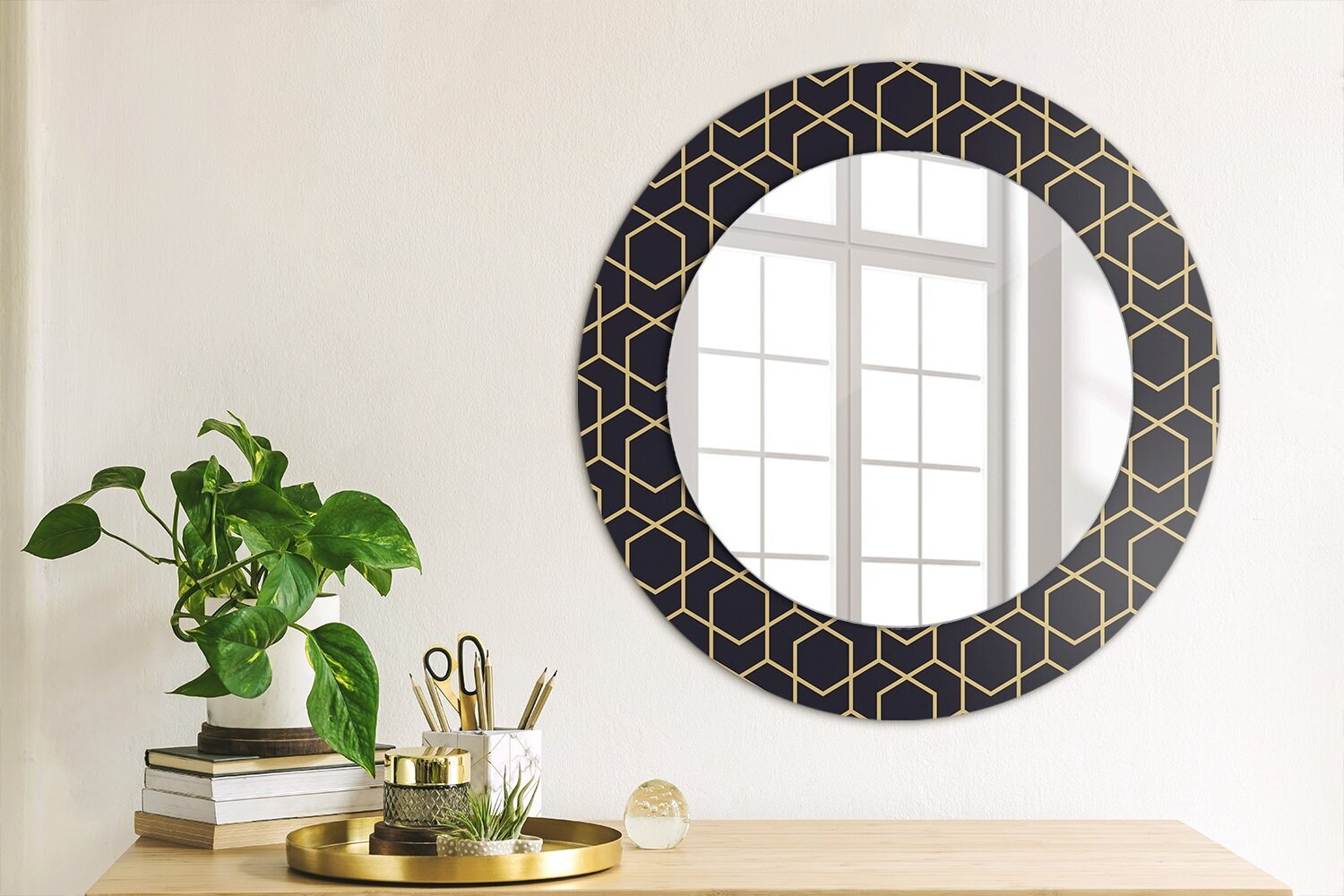 TULUP spogulis ar rāmi Abstrakts ģeometrisks, Ø50cm, Melns cena un informācija | Spoguļi | 220.lv