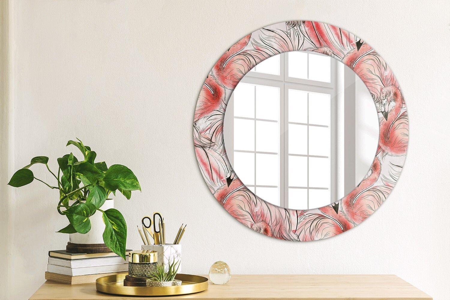 TULUP spogulis ar rāmi Flamingo raksts, Ø50cm, sarkans cena un informācija | Spoguļi | 220.lv
