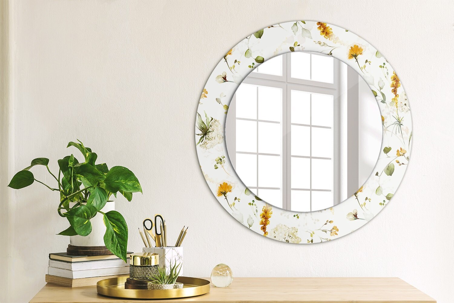 TULUP spogulis ar rāmi Lauka ziedi, Ø50cm, Baltums cena un informācija | Spoguļi | 220.lv