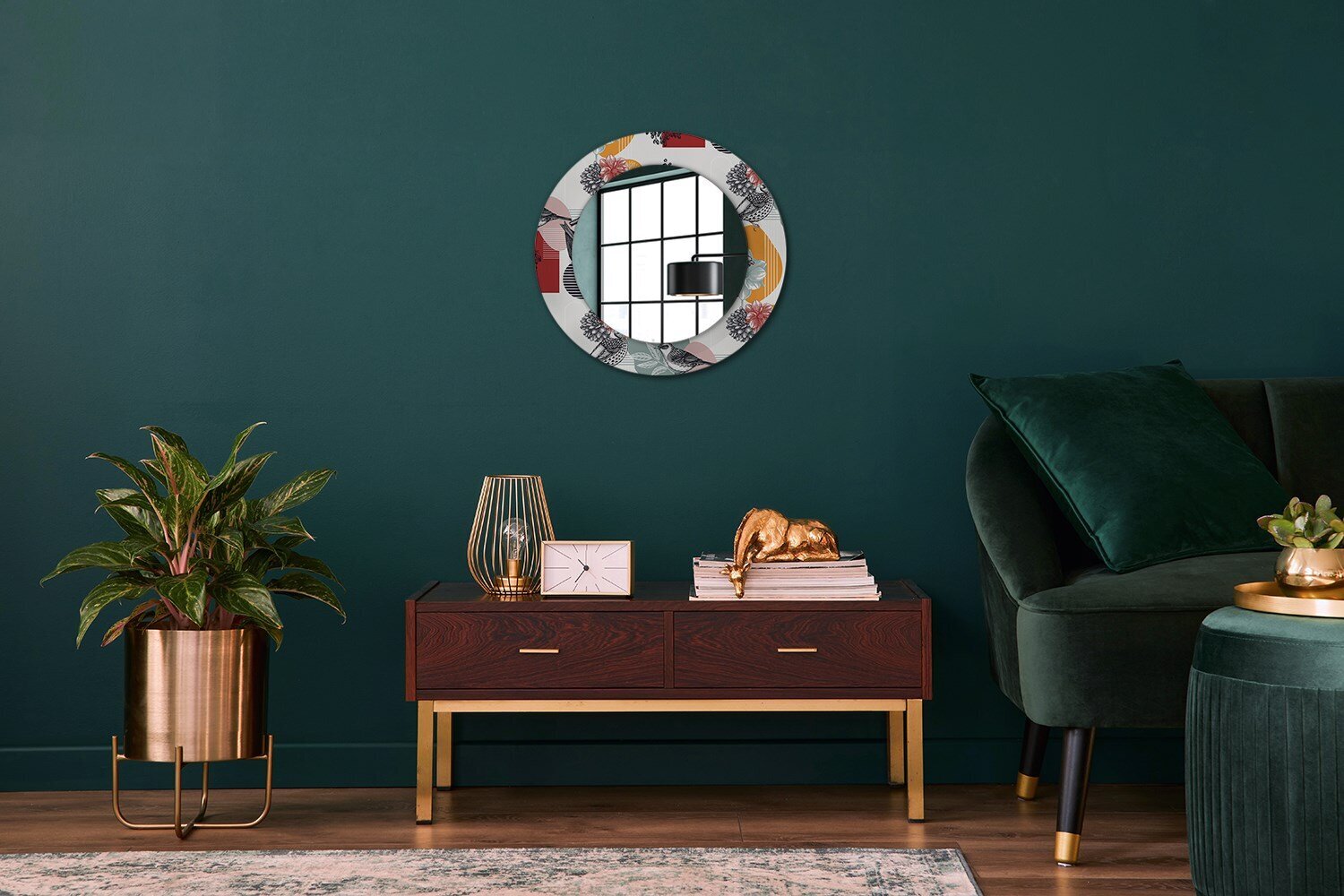 TULUP spogulis ar rāmi Abstrakcija ar putniem, Ø50cm, Krāsains цена и информация | Spoguļi | 220.lv