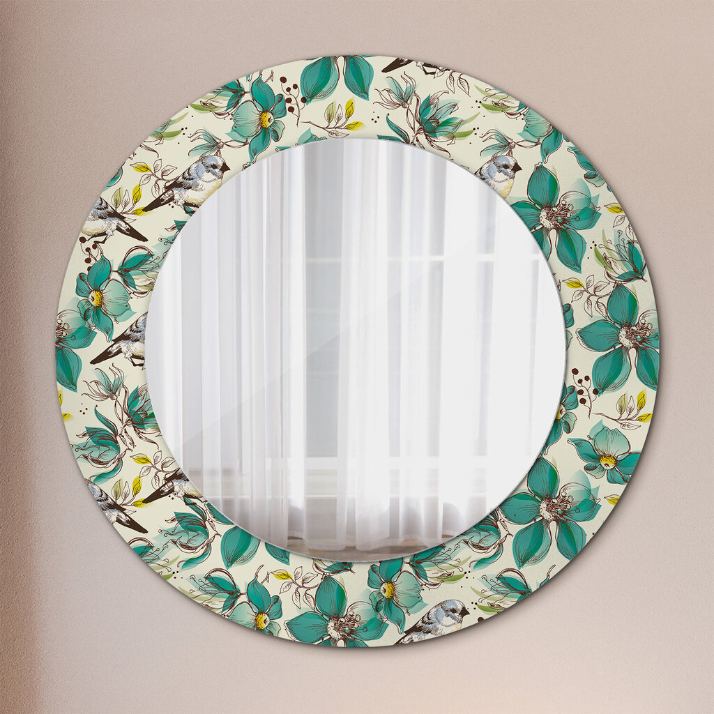 TULUP spogulis ar rāmi Ziedi un putni, Ø50cm, Zaļš cena un informācija | Spoguļi | 220.lv